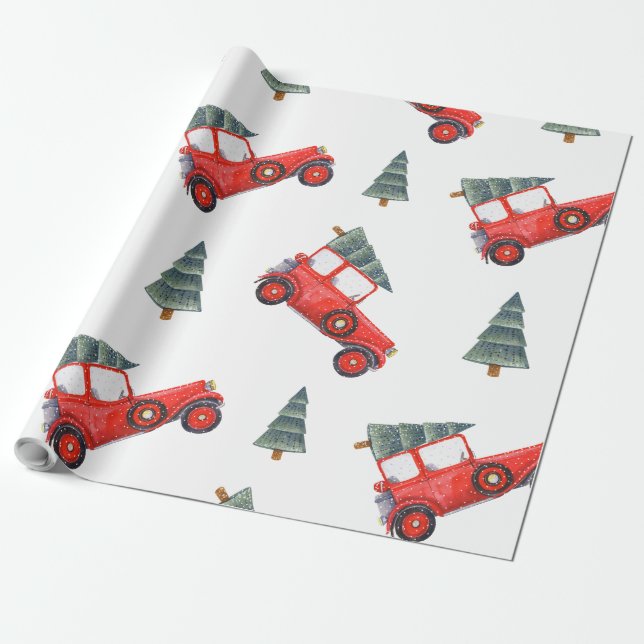 Papier Cadeau Vacances Envelopper voiture rouge et arbre de Noël (Déroulé)