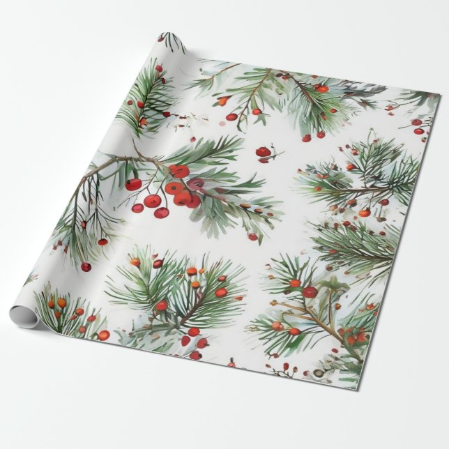 Papier Cadeau Vacances Red Pine & Berries Design (Déroulé)