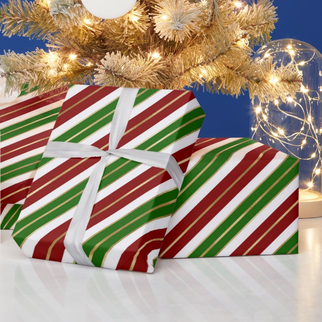 Papier Cadeau Vacances Vert, Rouge & Or Grandes Stripes de Noël (Vacances)