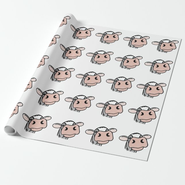 Papier Cadeau vache de dessin animé noir blanc rose baiser gris  (Déroulé)