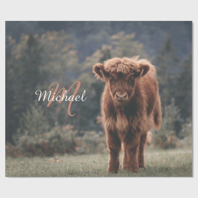 Papier Cadeau Vache de Highland calvaire herbe d'automne monogra (Plat)