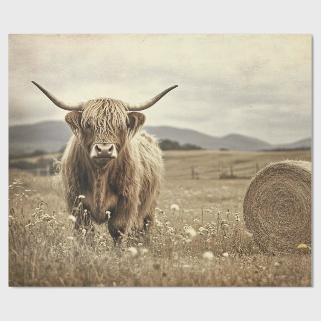 Papier Cadeau Vache de Highland dans un champ de foin Découpage (Plat)