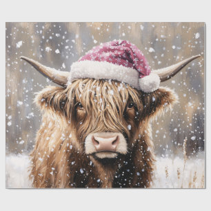 Papier Cadeau Vache des Highlands dans la neige avec un chapeau