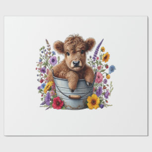 Papier Cadeau Vache des Highlands dans un seau de fleurs Png, Mi
