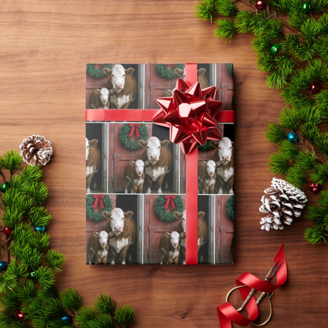 Papier Cadeau Vache et veau Hereford de Noël (Cadeau de vacances)