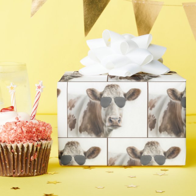 Papier Cadeau Vache Hereford Avec Lunettes De Soleil (Fête d'anniversaire)