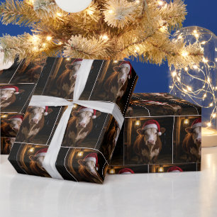 Papier Cadeau Vache Hereford de Noël dans une grange