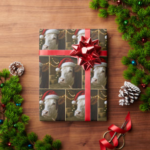 Papier Cadeau Vache Hereford de Noël portant un chapeau de Père