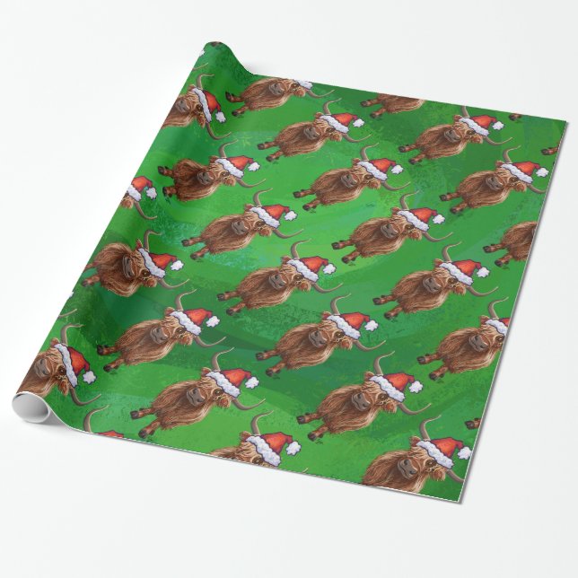Papier Cadeau Vache Highland à Santa Hat Motif sur vert (Déroulé)