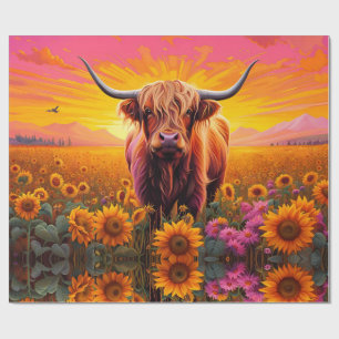 Papier Cadeau Vache Highland dans les tournesols à Sunrise