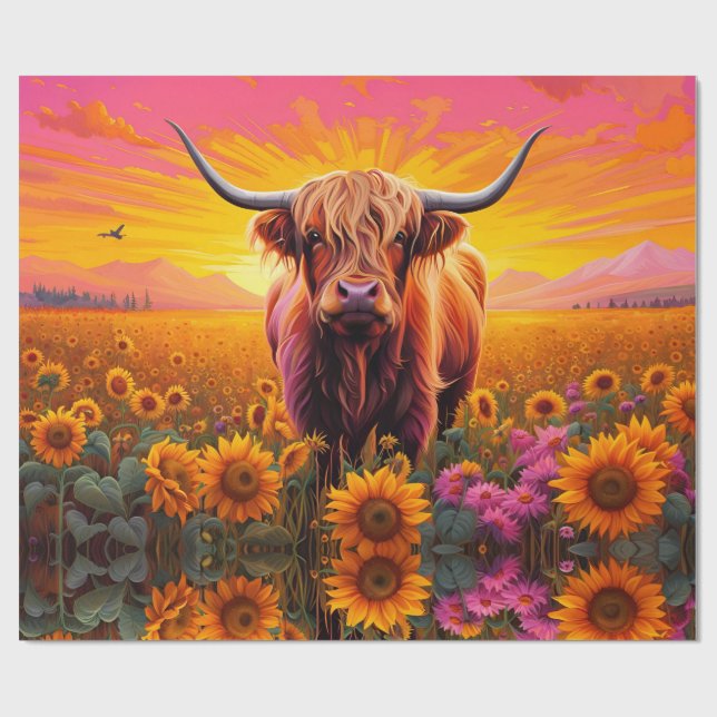 Papier Cadeau Vache Highland dans les tournesols à Sunrise (Plat)