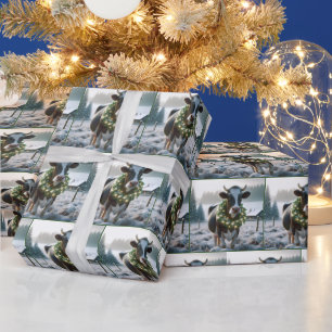 Papier Cadeau Vache Holstein portant une couronne de Noël brilla
