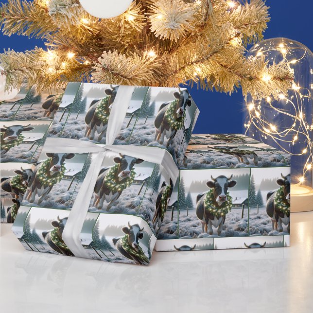 Papier Cadeau Vache Holstein portant une couronne de Noël brilla (Vacances)