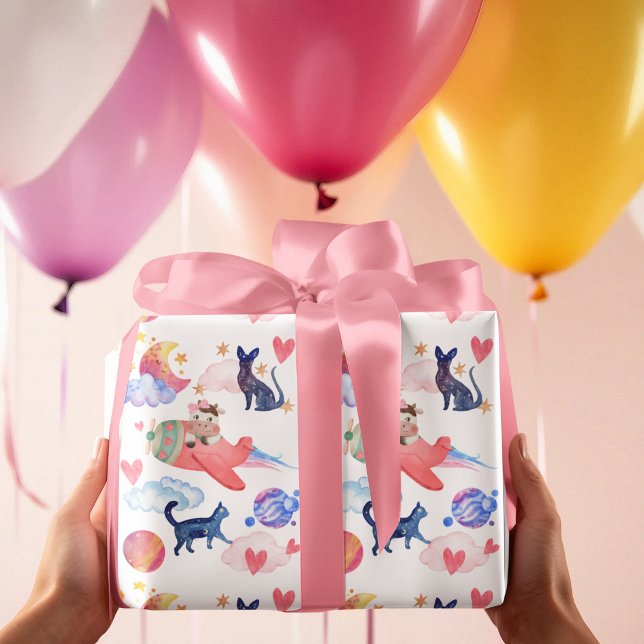 Papier Cadeau Vache mignonne dans l'avion, Espace, Chats, Lune,  (Créateur téléchargé)