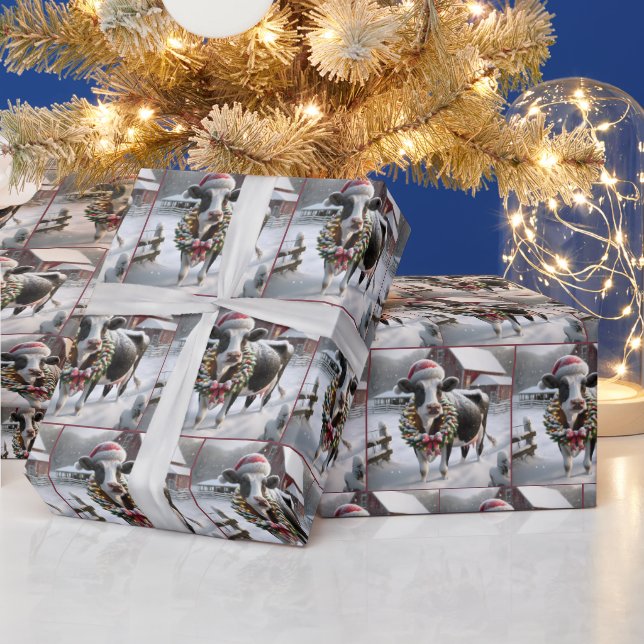 Papier Cadeau Vache portant une couronne de Noël (Vacances)