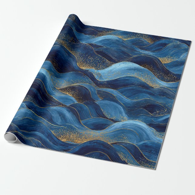 Papier Cadeau Vagues abstraites bleues de l'océan – Design côtie (Déroulé)
