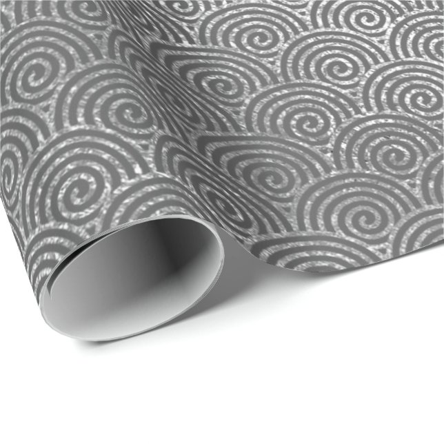 Papier Cadeau Vagues Art Déco Argent Gris Cercles Spiral Gris In (Coin rond)