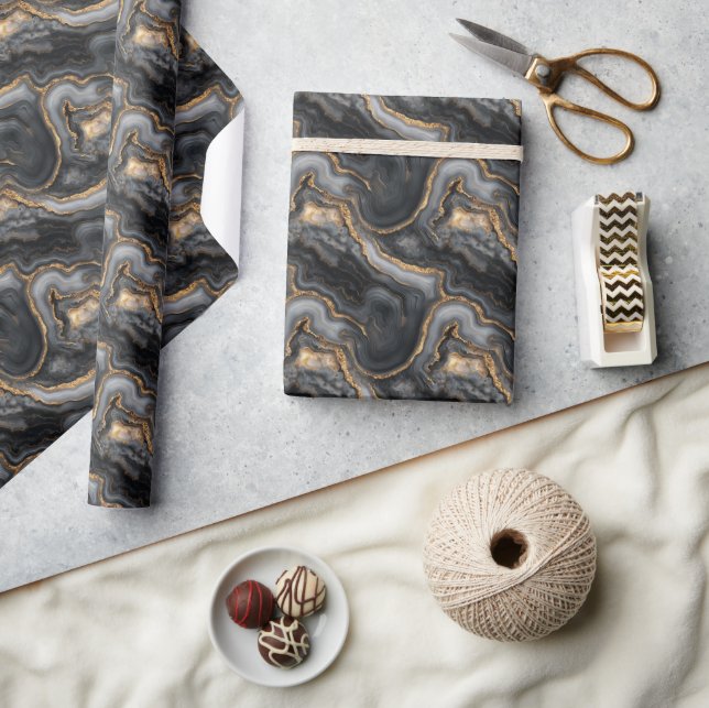 Papier Cadeau Vagues de fluide doré au charbon luxueux (Artisanat)
