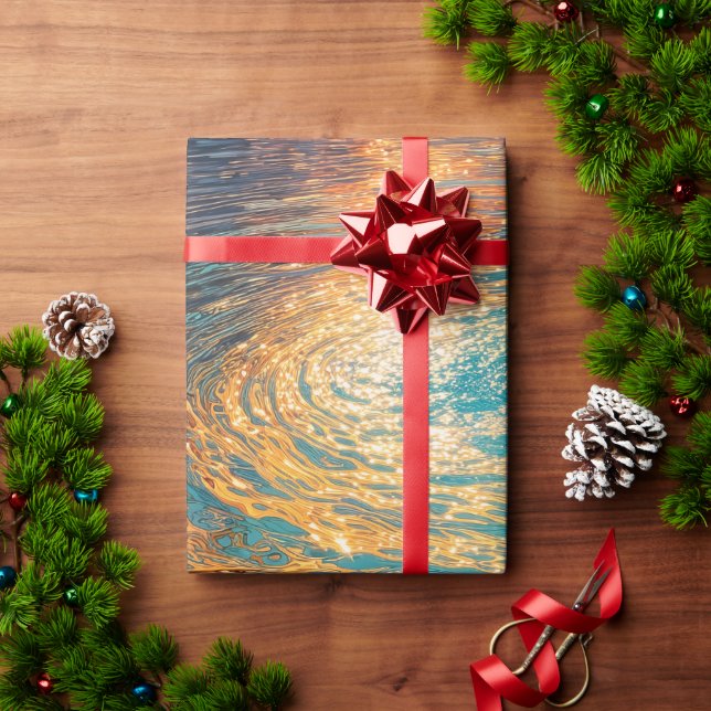 Papier Cadeau Vagues d'eau abstraites avec lumière dorée du sole (Cadeau de vacances)