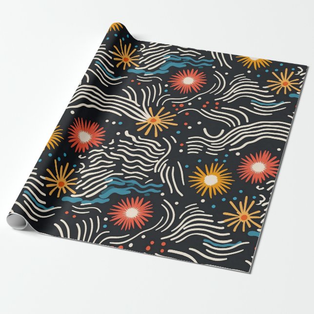Papier Cadeau Vagues florales Abstraites sur noir (Déroulé)