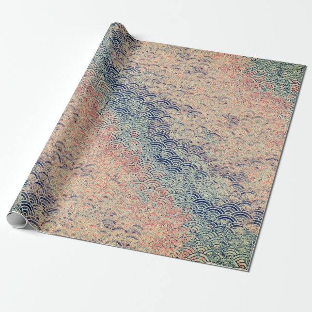 PAPIER CADEAU VAGUES JAPONAISES BLUES ET ROSES MOTIFS (Déroulé)
