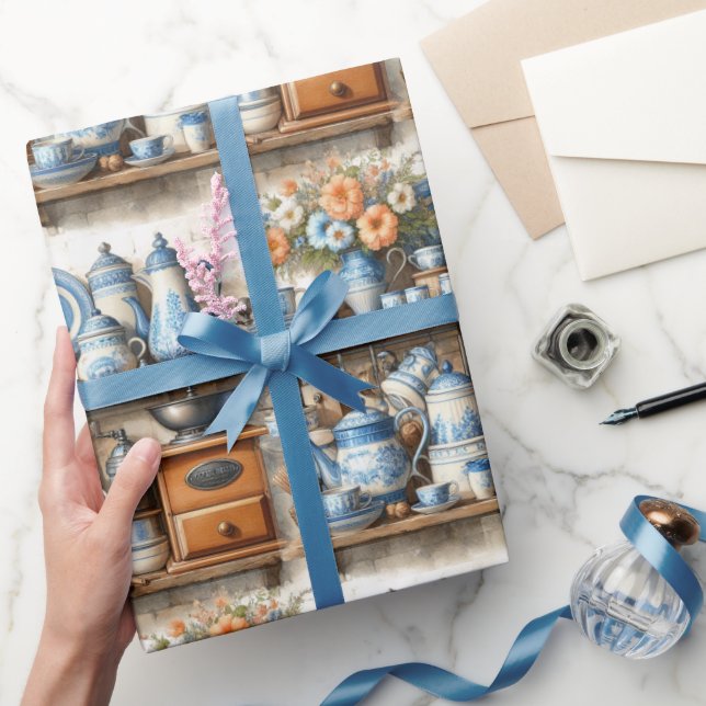 Papier Cadeau Vaisselle antique bleue et blanche (Cadeaux)