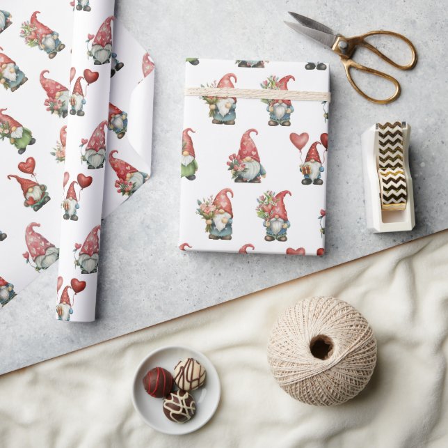 Papier Cadeau Valentine Gnomes sur blanc (Artisanat)
