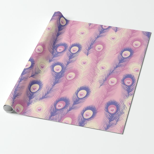 Papier Cadeau Valentine Peacock Feather Motif sans couture en ro (Déroulé)