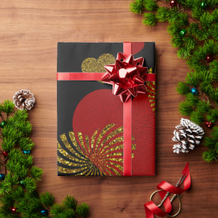 Papier Cadeau Valentine Red Gold coeur rouge roses sur noir 