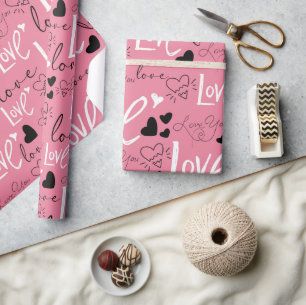 Papier Cadeau Valentines Coeurs et Love Typographie Motif