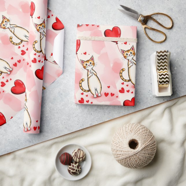 Papier Cadeau Valentine's Day Wrapping Paper Cat Red Hearts (Artisanat)