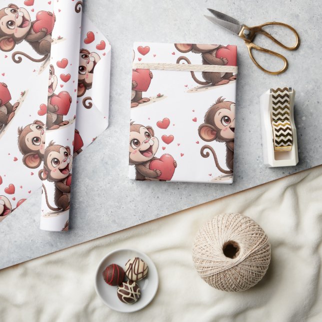 Papier Cadeau Valentine's Day Wrapping Paper Monkey Red Hearts (Artisanat)