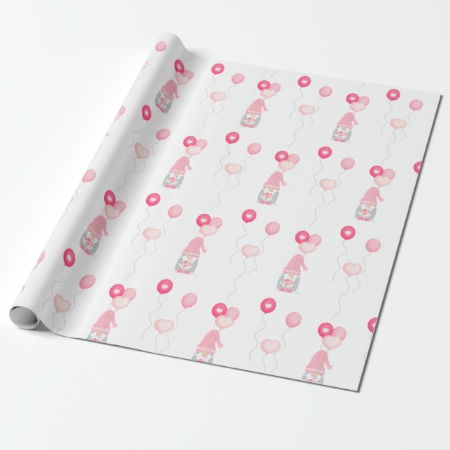 Papier Cadeau Valentines Gnome tenant des ballons (Déroulé)