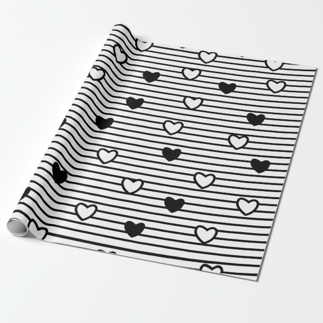 Papier Cadeau Valentines Jour Coeurs Noir Blanc Grandes Motif (Déroulé)