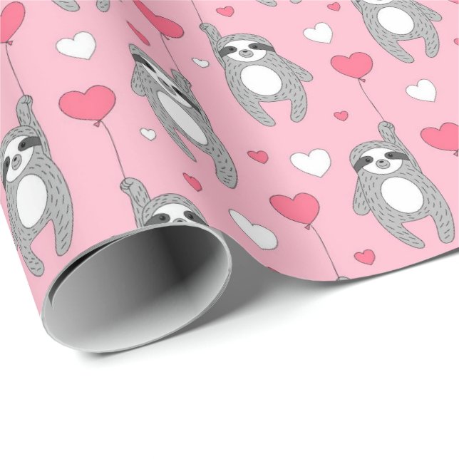 Papier Cadeau Valentines Jour Sloth avec Coeurs mignonnes (Coin rond)