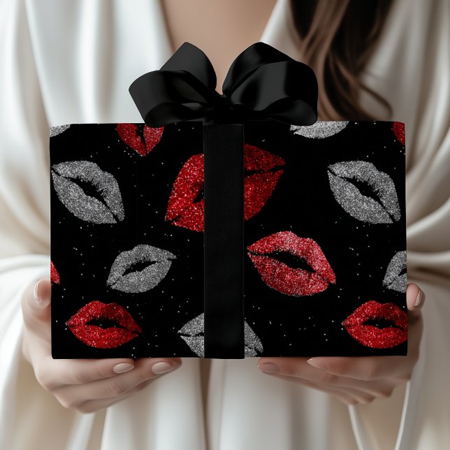 Papier Cadeau Valentines Red Silver Glitter Lips on Black  (Créateur téléchargé)