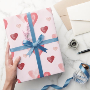 Papier Cadeau Valentines rose et rouge Aquarelle Motif de coeur
