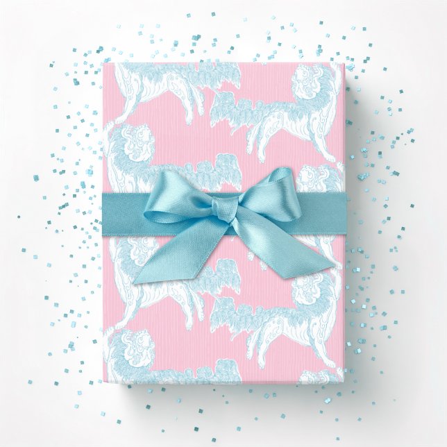 Papier Cadeau Valse Foo Dog en rose et aqua (Créateur téléchargé)