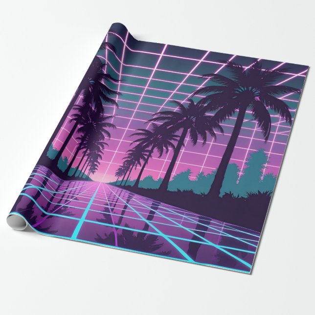 Papier Cadeau Vaporwave 80s Neon Grid Synthwave Art Poster (Déroulé)