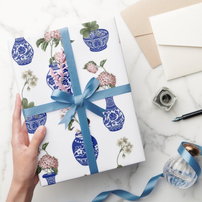 Papier Cadeau Vases et fleurs bleus de chinoiserie  (Cadeaux)
