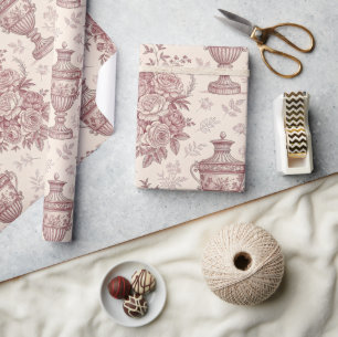 Papier Cadeau Vases Fleuris Rose Poussiéreux Français