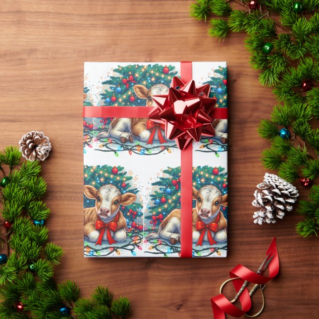 Papier Cadeau Veau couché près de l'arbre de Noël (Cadeau de vacances)