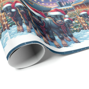 Papier Cadeau Veaux noirs avec chapeaux de Père Noël près de la