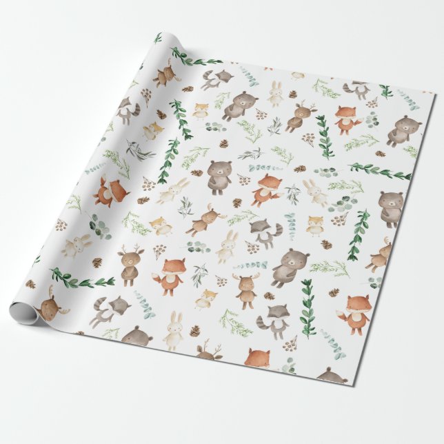 Papier Cadeau Végétation Forêt Boisée Animaux Bébé Anniversaire (Déroulé)
