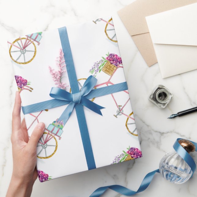 Papier Cadeau Vélo à l'aquarelle livrant gâteau et fleurs (Cadeaux)
