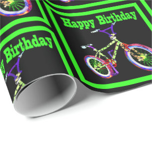 Papier Cadeau Vélo Avec Des Couleurs Vert Néon Joyeux Anniversai