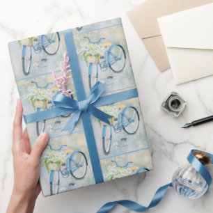 Papier Cadeau Vélo bleu avec marguerites