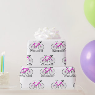 Papier Cadeau Vélo rose avec texte Cycologiste sur fond blanc