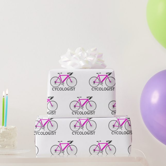 Papier Cadeau Vélo rose avec texte Cycologiste sur fond blanc  (Cadeaux de fête)