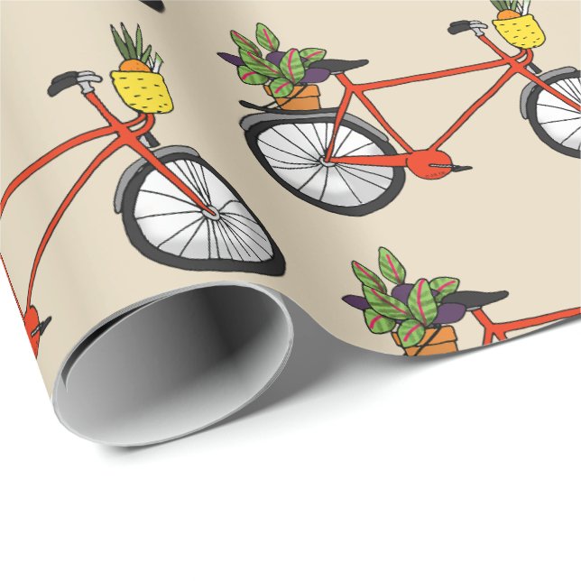 Papier Cadeau vélo rouge avec plante vert (Coin rond)